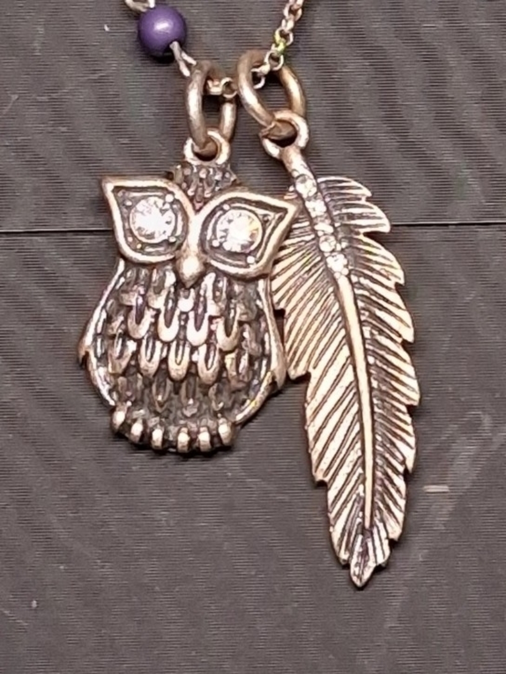 Vintage America Silver-Tone Owl & Feather Necklace with Purple Accent 10"  Chain
